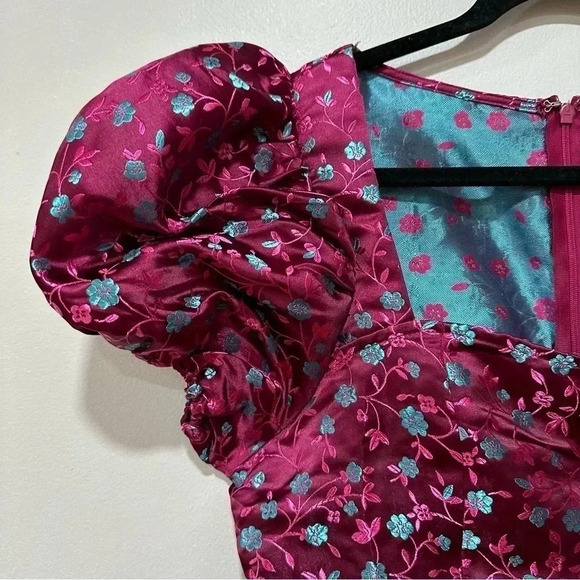 Lulus Always Decadent Magenta Floral Brocade Puff Sleeve Mini Dress Medium - Picture 6 of 12